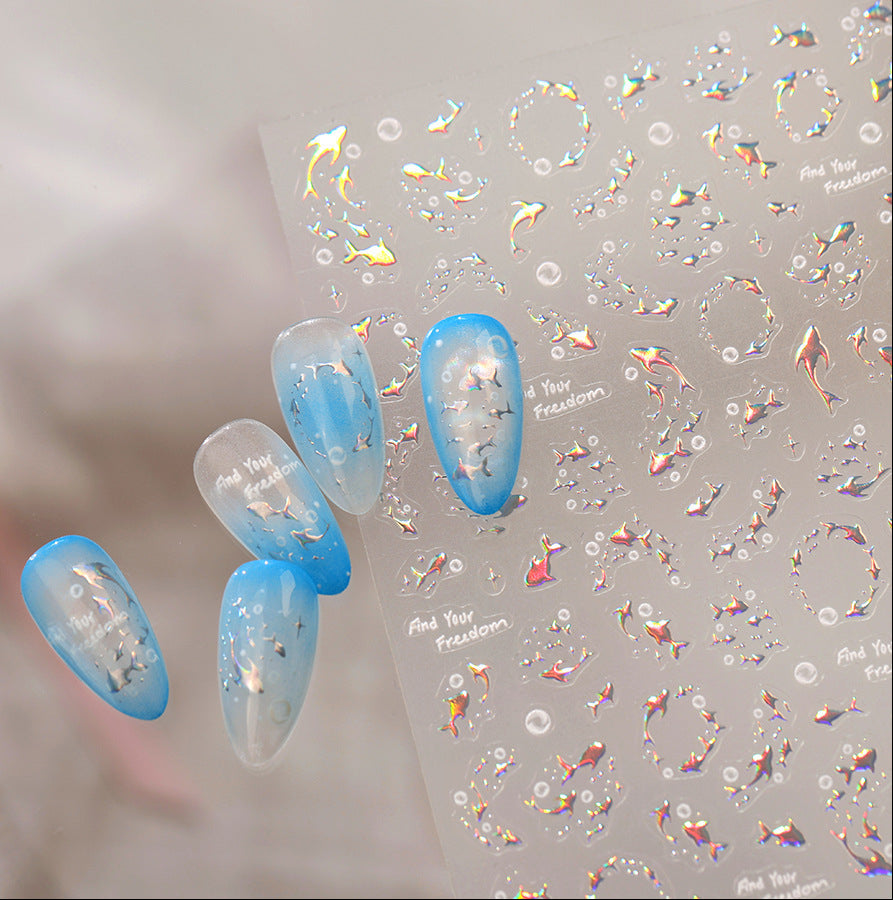 5D Holographic Fish Nail Stickers - Chrome Silver Ocean Sea Life Decals