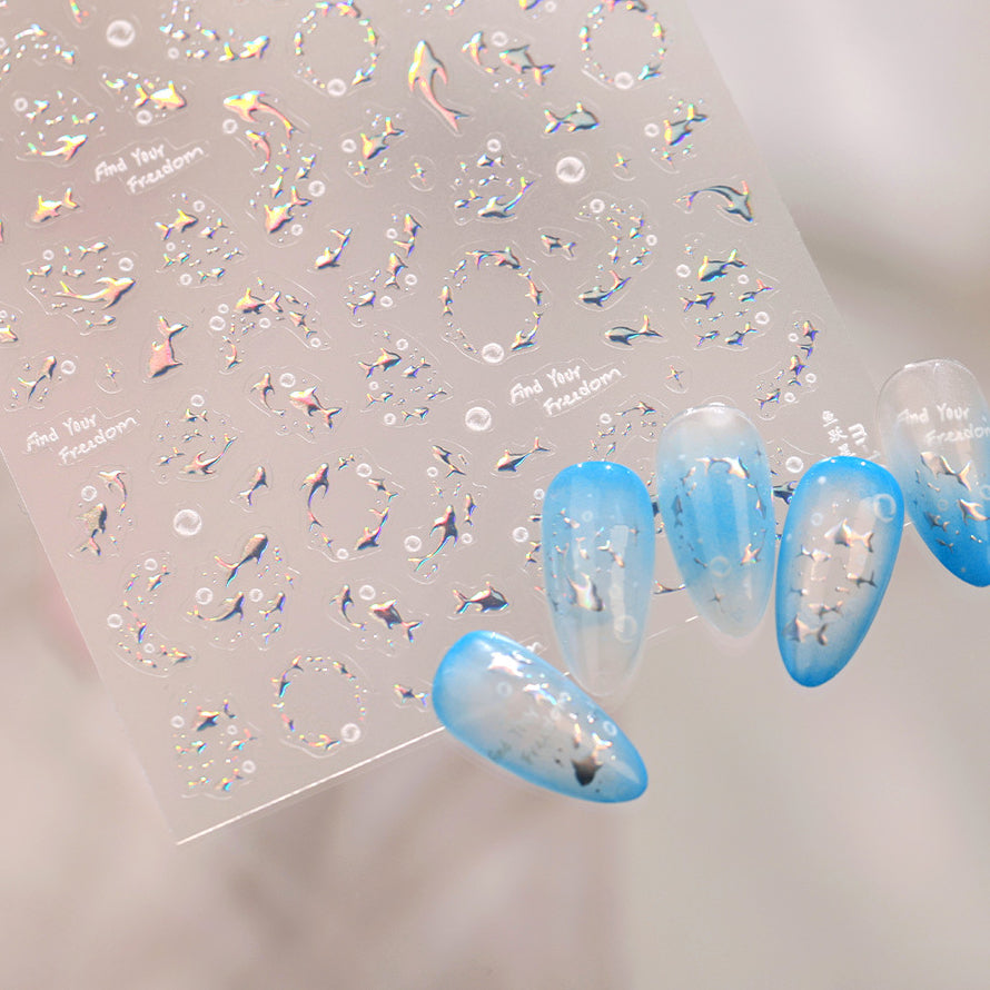 5D Holographic Fish Nail Stickers - Chrome Silver Ocean Sea Life Decals