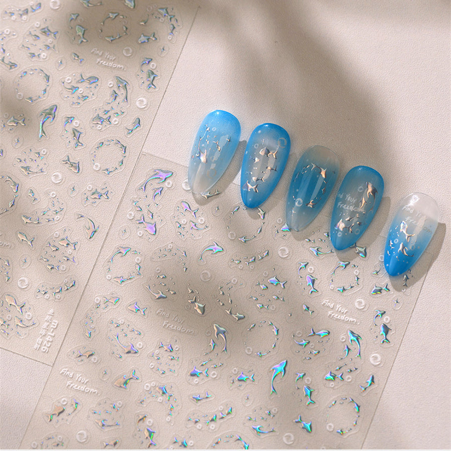 5D Holographic Fish Nail Stickers - Chrome Silver Ocean Sea Life Decals