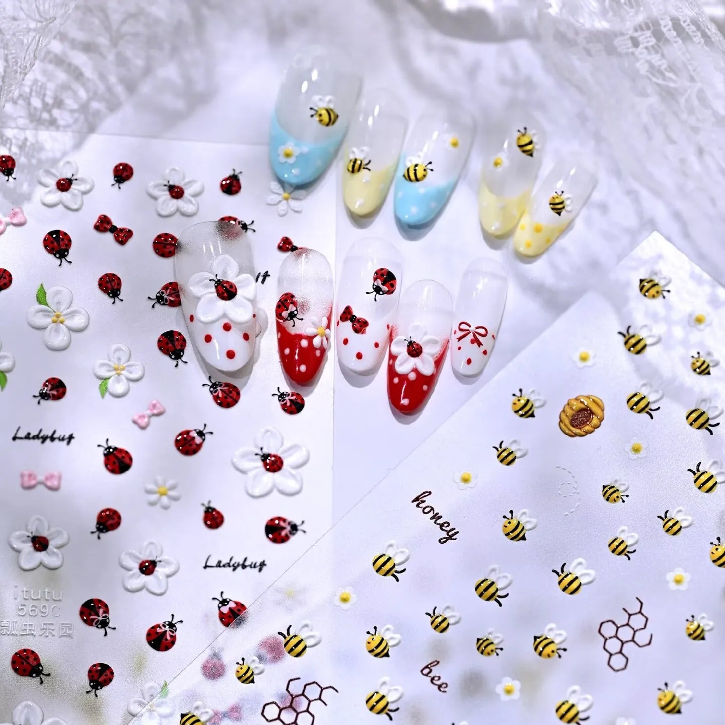 5D Jelly Ladybug & Bee Nail Stickers - Cute Spring Garden Art Decals