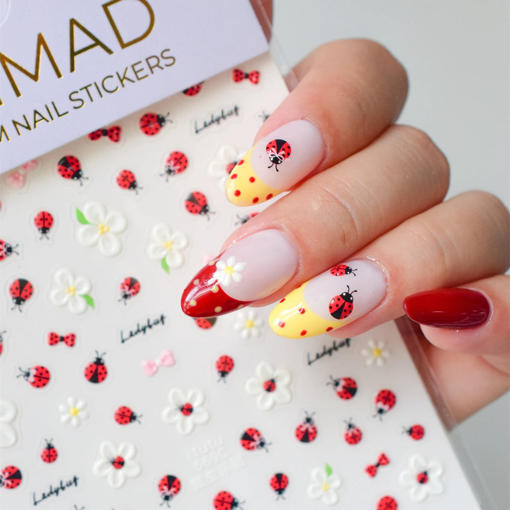 5D Jelly Ladybug & Bee Nail Stickers - Cute Spring Garden Art Decals 569