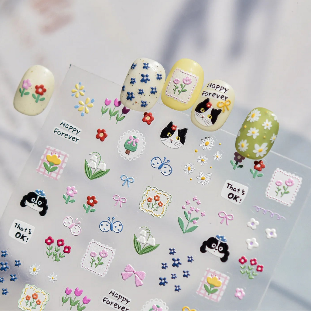 5D Kawaii Cat & Spring Floral Nail Stickers 5653