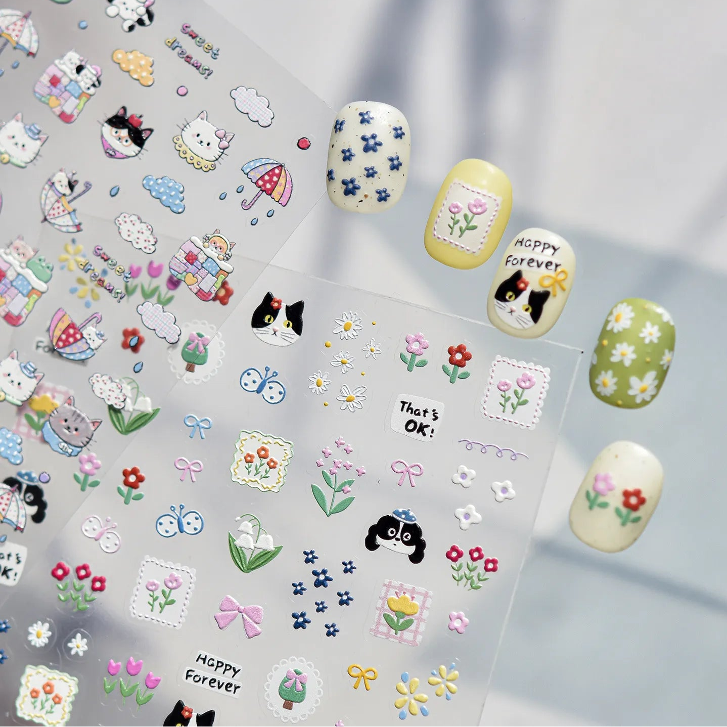 5D Kawaii Cat & Spring Floral Nail Stickers 5653