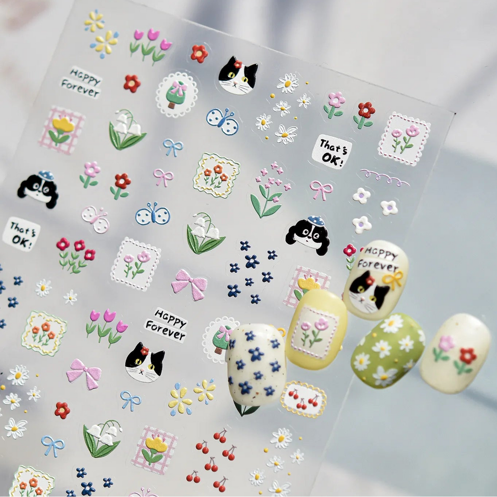 5D Kawaii Cat & Spring Floral Nail Stickers 5653