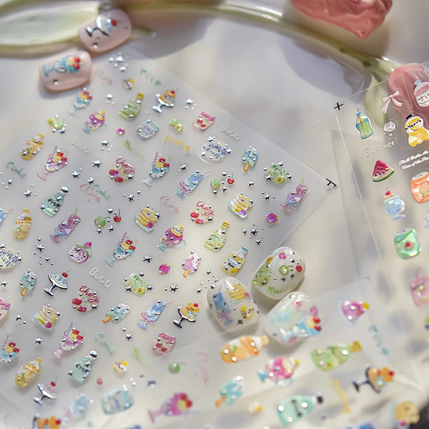 5D Kawaii Dessert Nail Stickers – Cute Drink & Pudding Nail Art Decals 