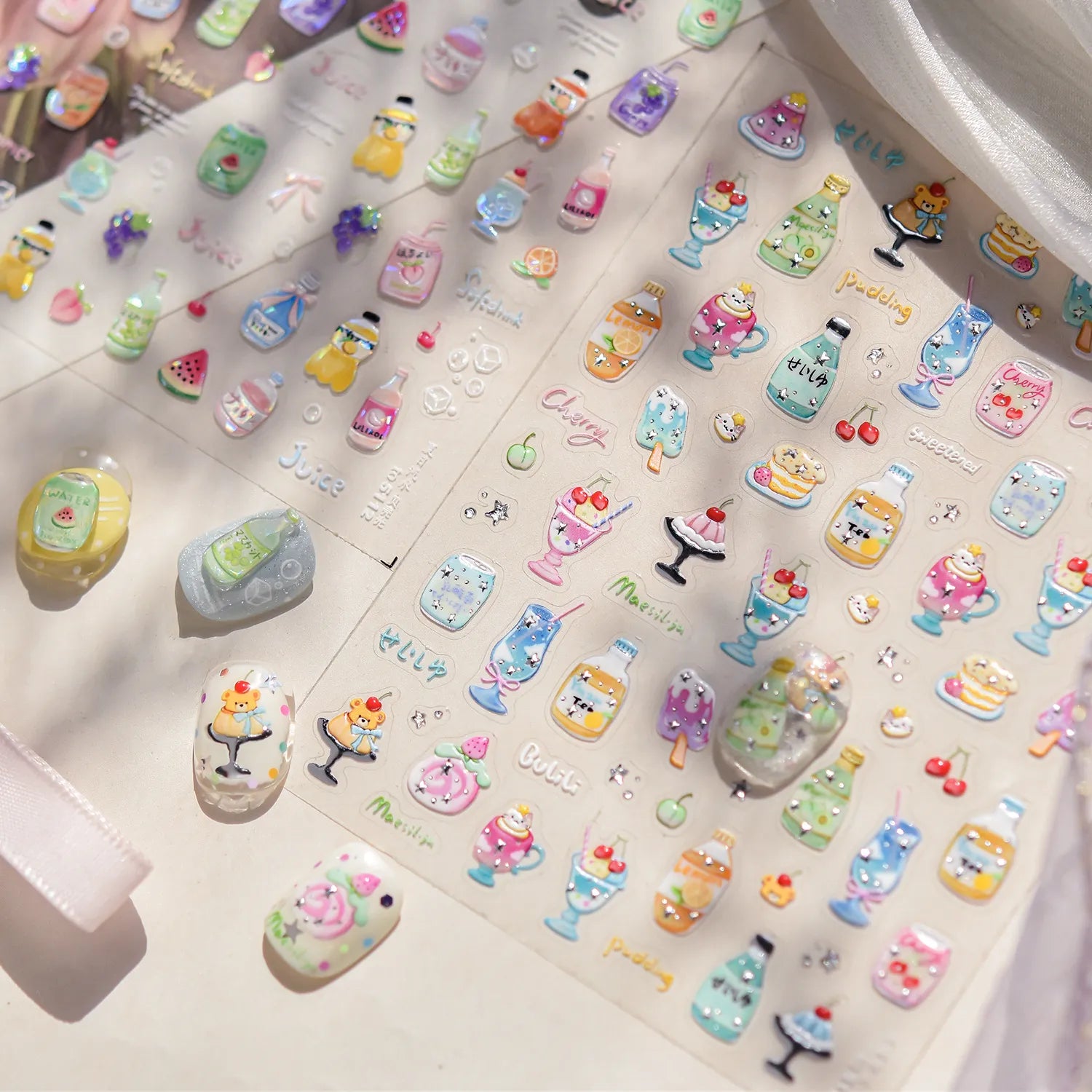 5D Kawaii Dessert Nail Stickers – Cute Drink & Pudding Nail Art Decals 