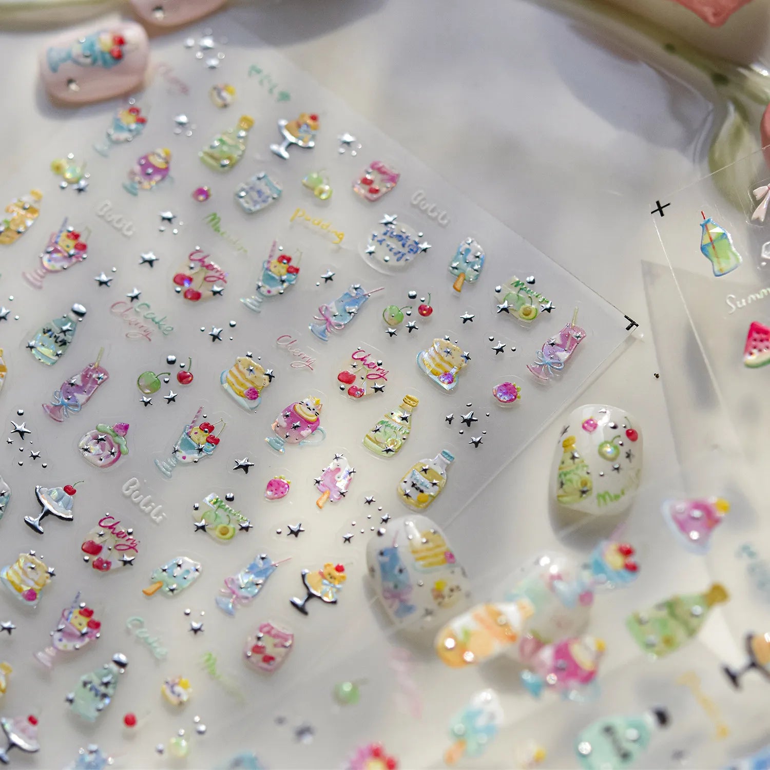 5D Kawaii Dessert Nail Stickers – Cute Drink & Pudding Nail Art Decals 