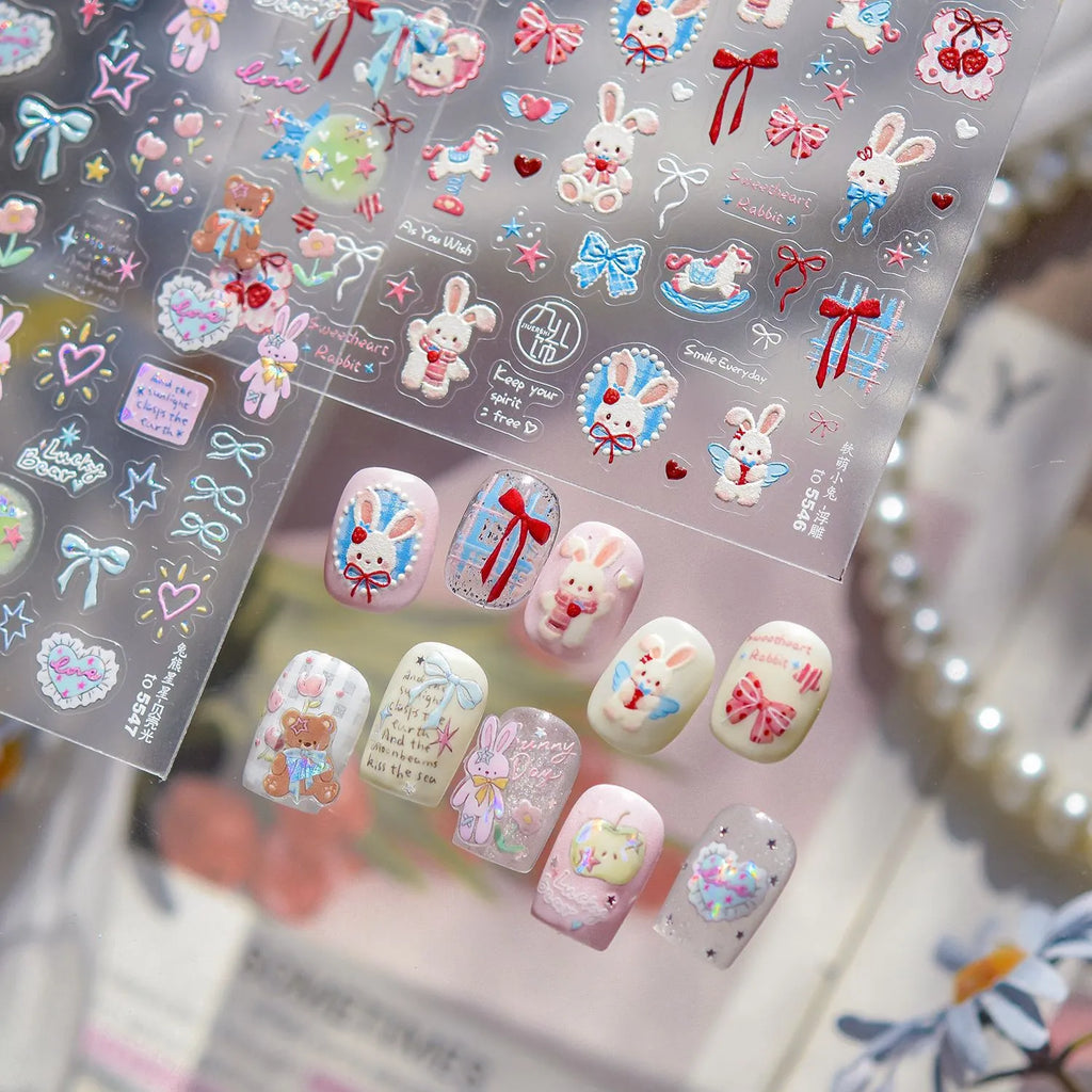 5D Kawaii Rabbit Nail Stickers Coquette Bunny Bows Decals 5546