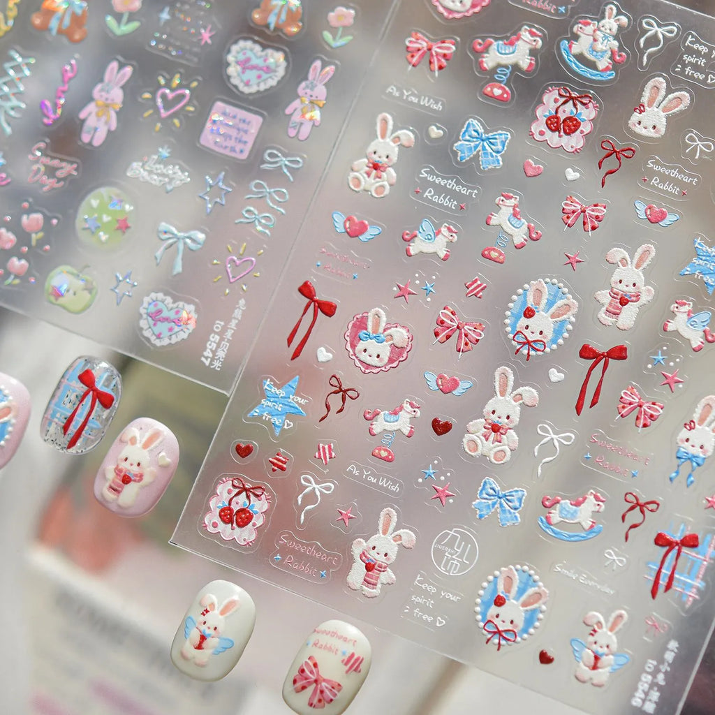 5D Kawaii Rabbit Nail Stickers Coquette Bunny Bows Decals 5546