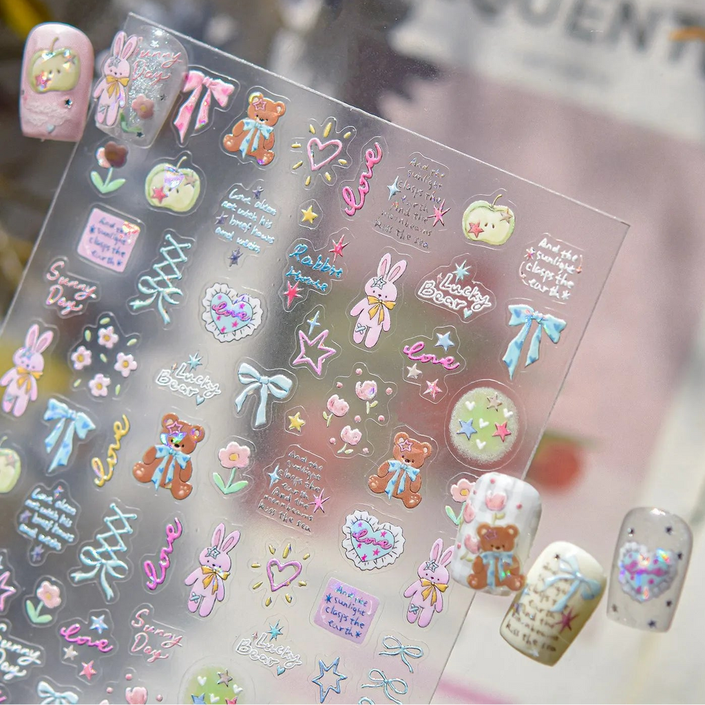 5D Kawaii Rabbit Nail Stickers Coquette Bunny Bows Decals 5546