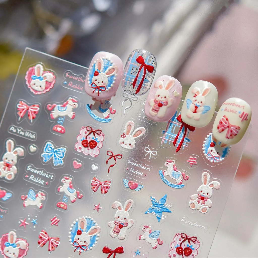5D Kawaii Rabbit Nail Stickers Coquette Bunny Bows Decals 5546