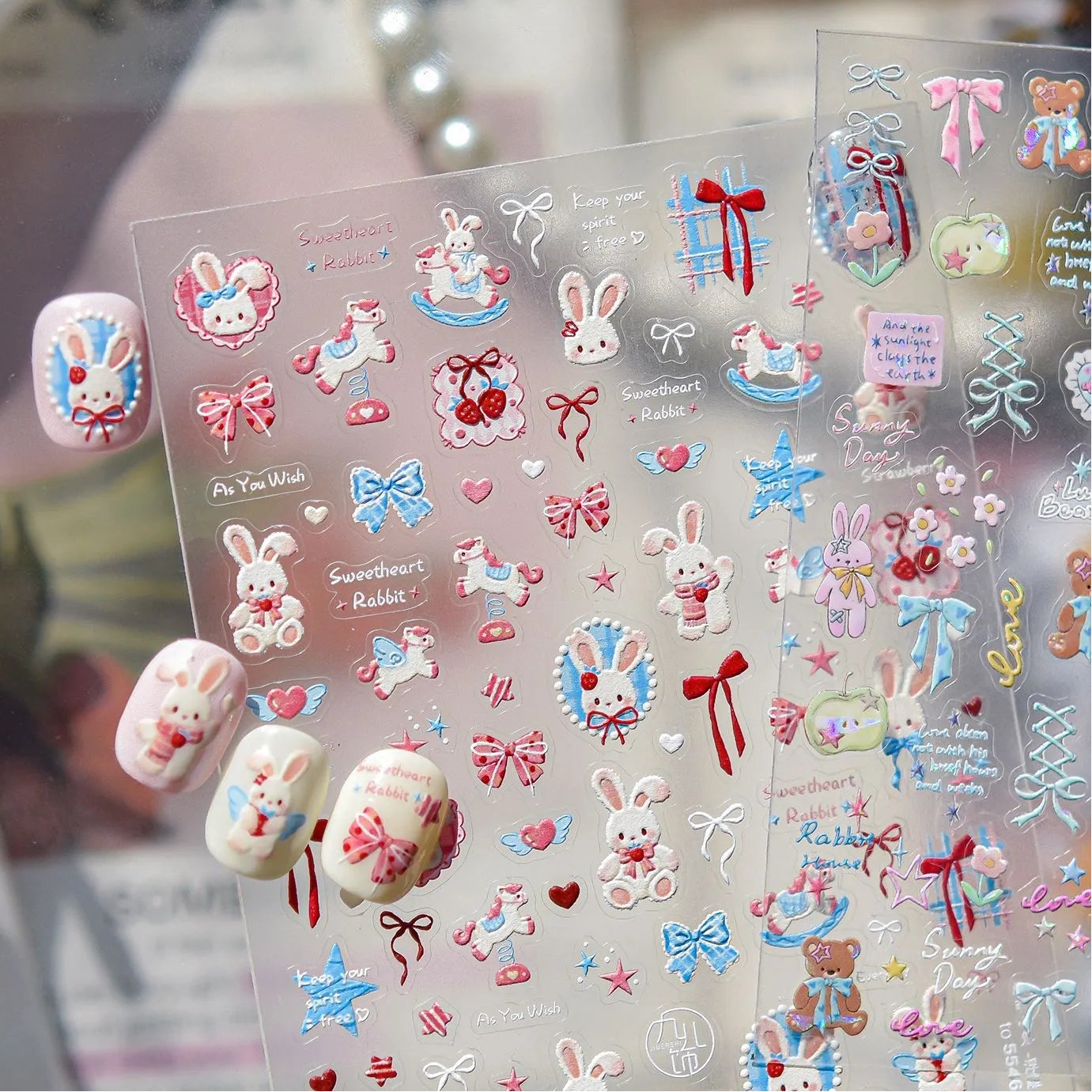 5D Kawaii Rabbit Nail Stickers Coquette Bunny Bows Decals 5546