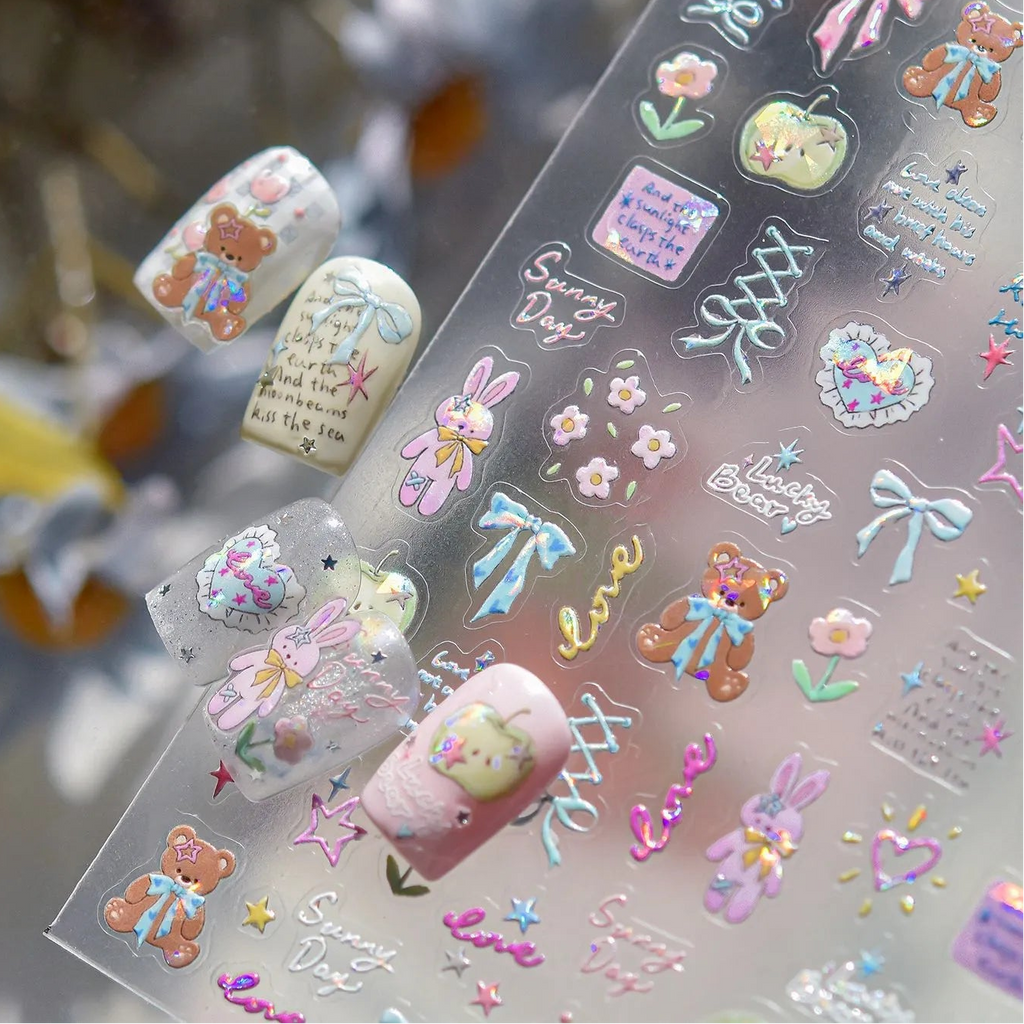 5D Kawaii Rabbit Nail Stickers Coquette Bunny Bows Decals 5546