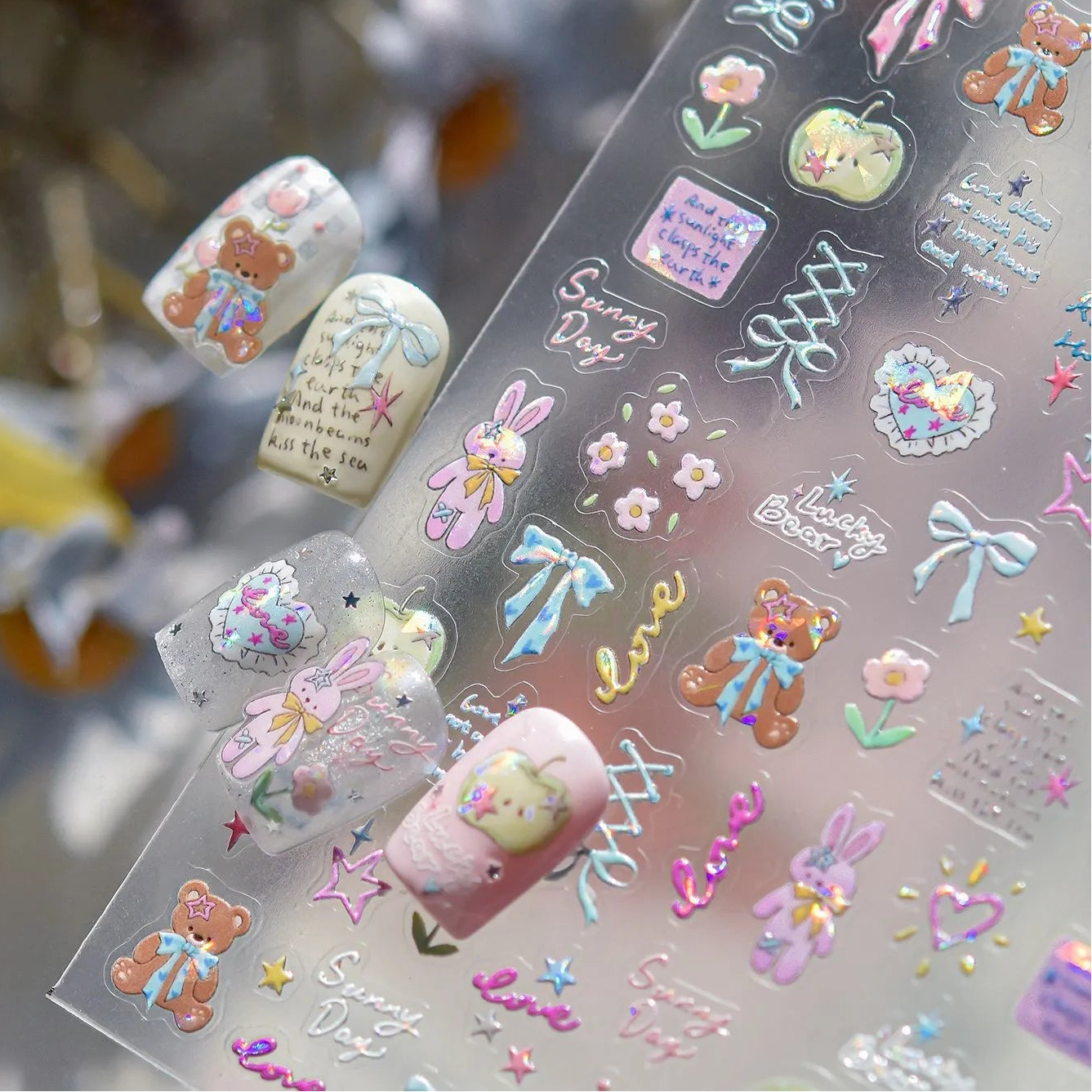 5D Kawaii Rabbit Nail Stickers Coquette Bunny Bows Decals 5546