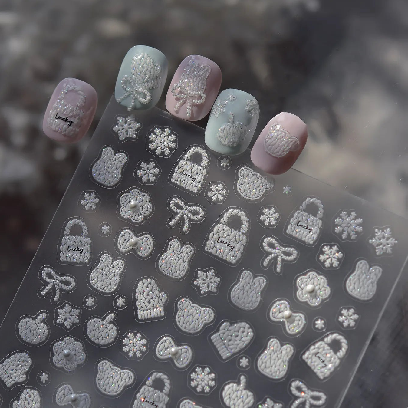 5D Knit Sweater Nail Stickers - Embossed Bear & Snowflakes Decals