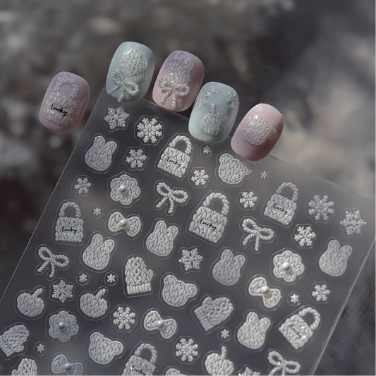 5D Knit Sweater Nail Stickers - Embossed Bear & Snowflakes Decals