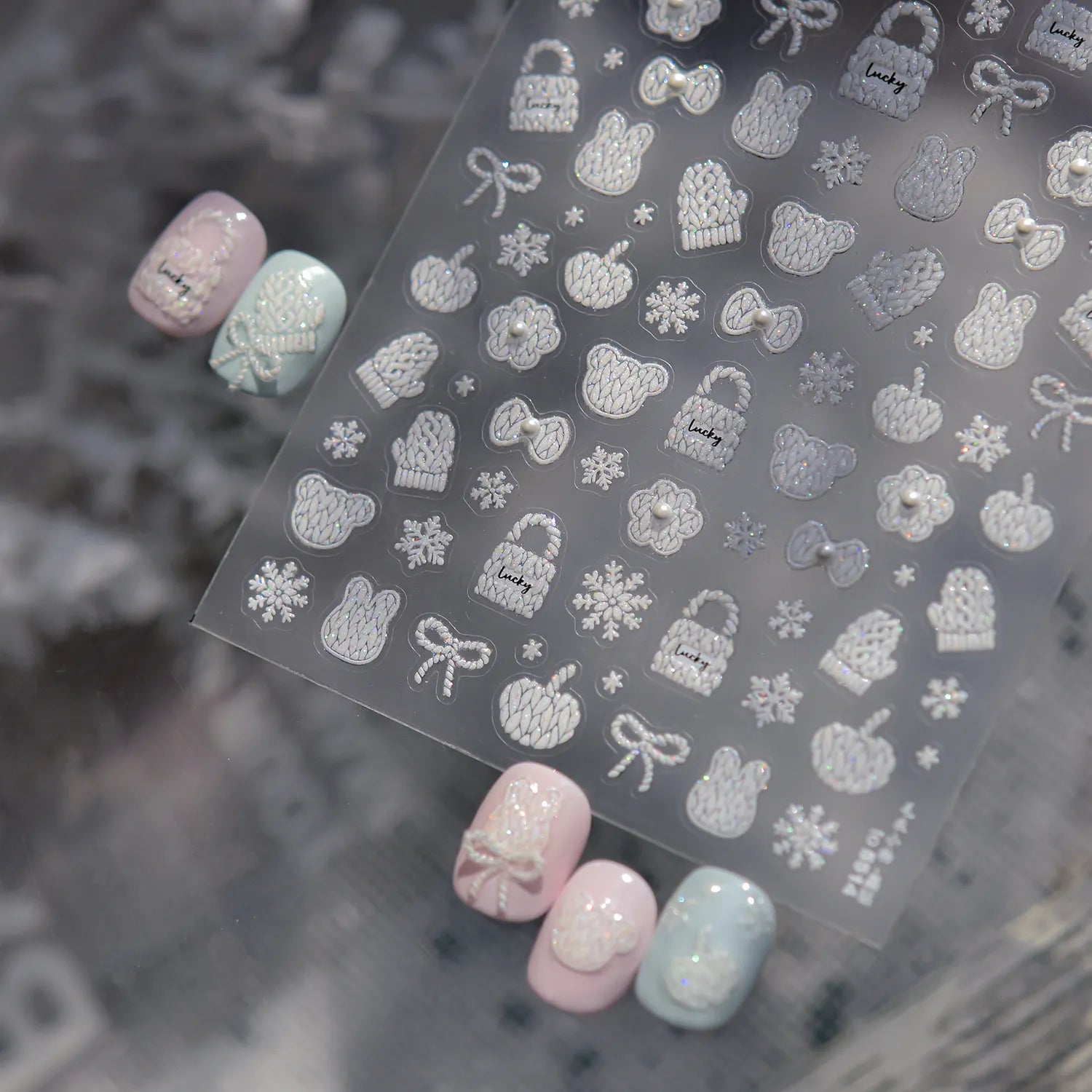 5D Knit Sweater Nail Stickers - Embossed Bear & Snowflakes Decals