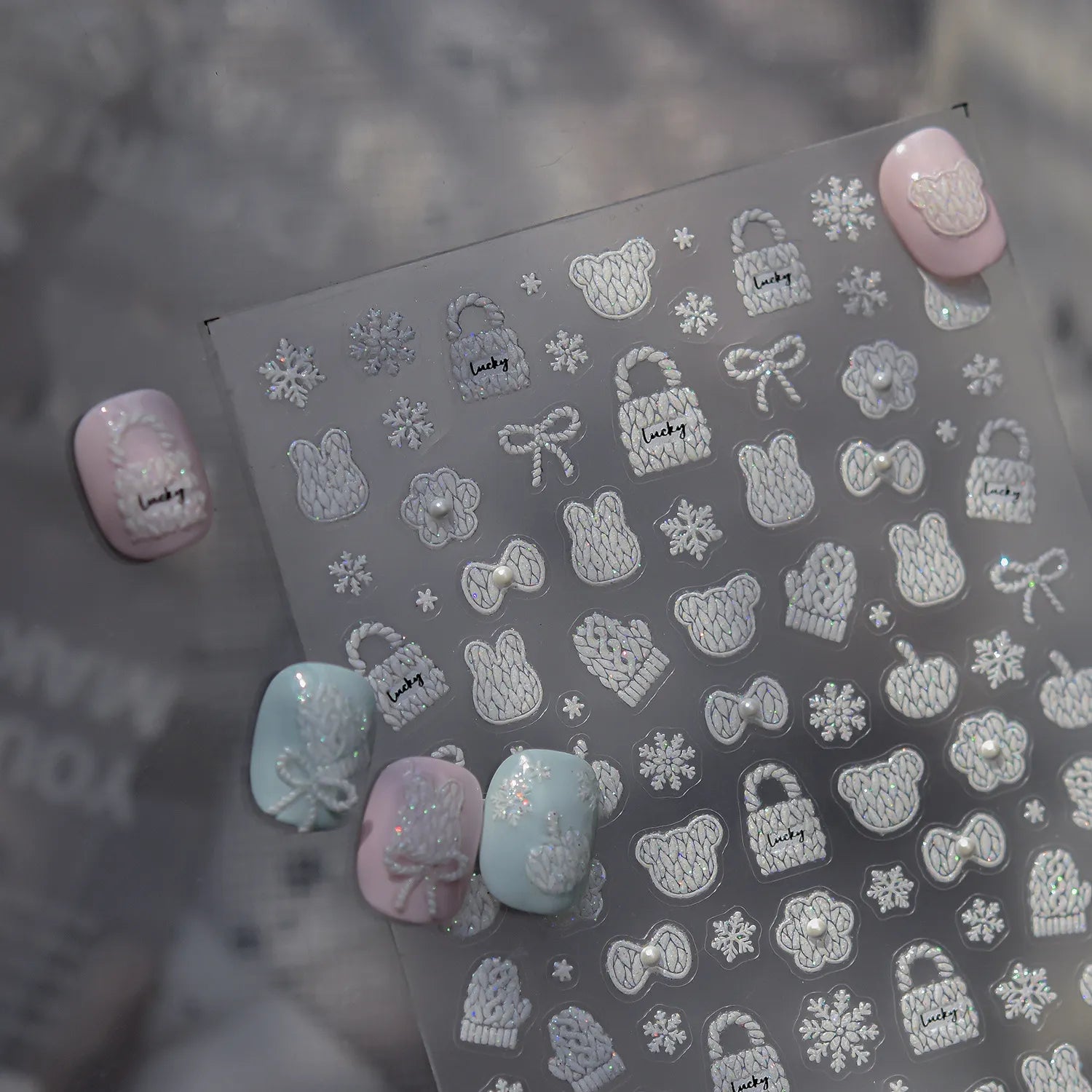 5D Knit Sweater Nail Stickers - Embossed Bear & Snowflakes Decals