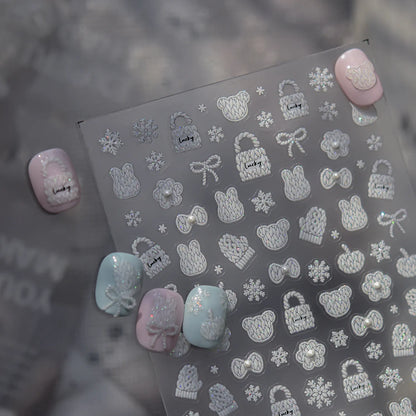 5D Knit Sweater Nail Stickers - Embossed Bear & Snowflakes Decals