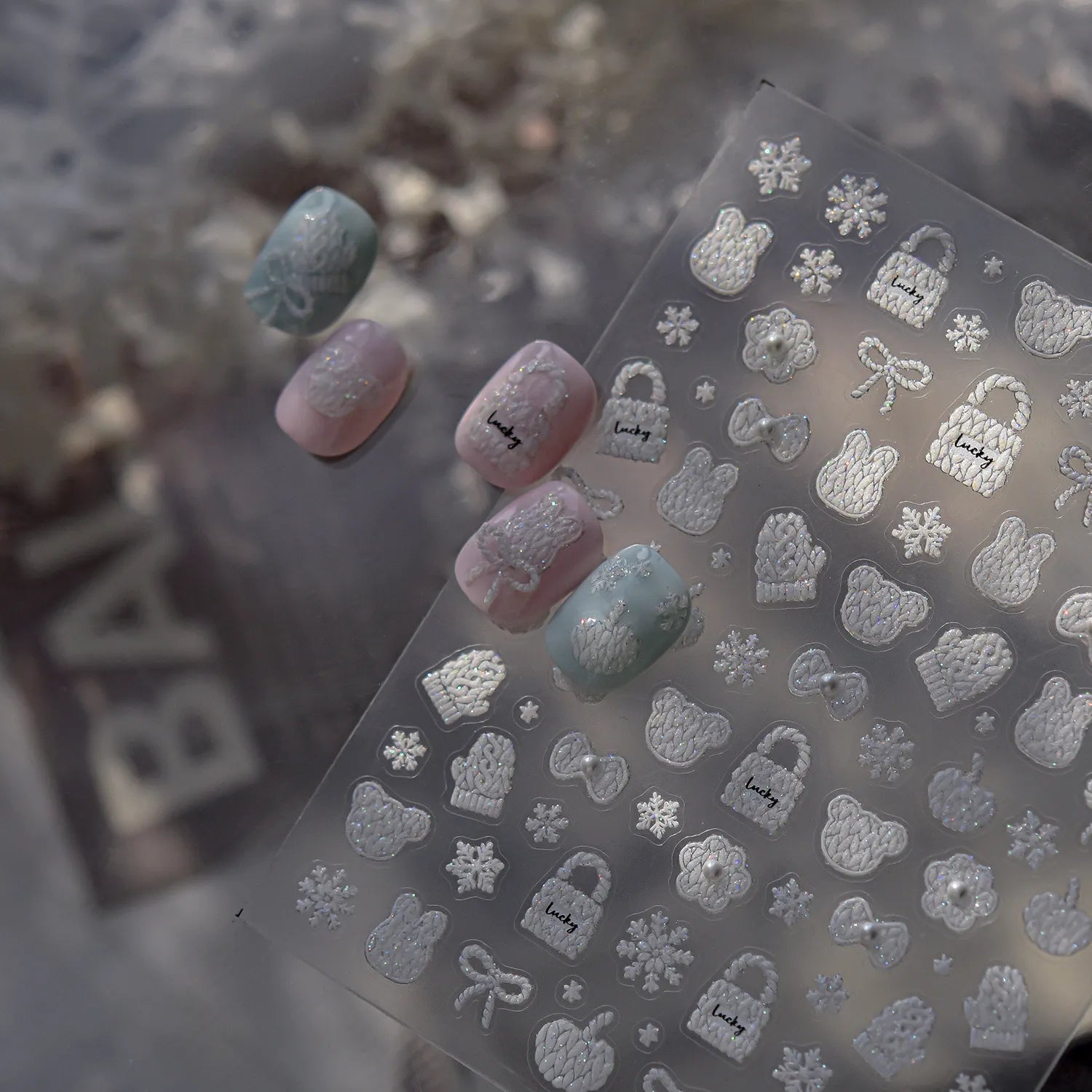 5D Knit Sweater Nail Stickers - Embossed Bear & Snowflakes Decals