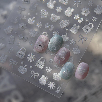5D Knit Sweater Nail Stickers - Embossed Bear & Snowflakes Decals