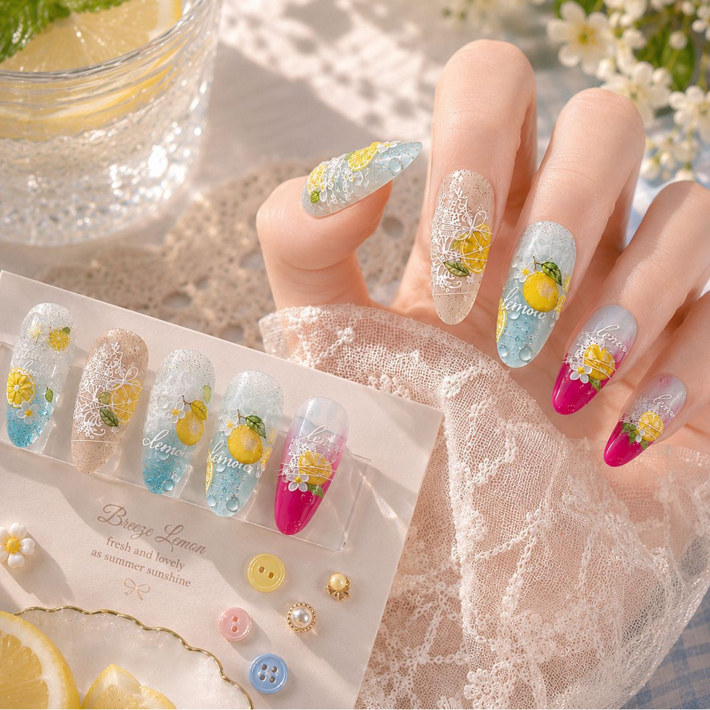 5D Lemon & Blue Cherry Nail Stickers | Summer Fruit Decals