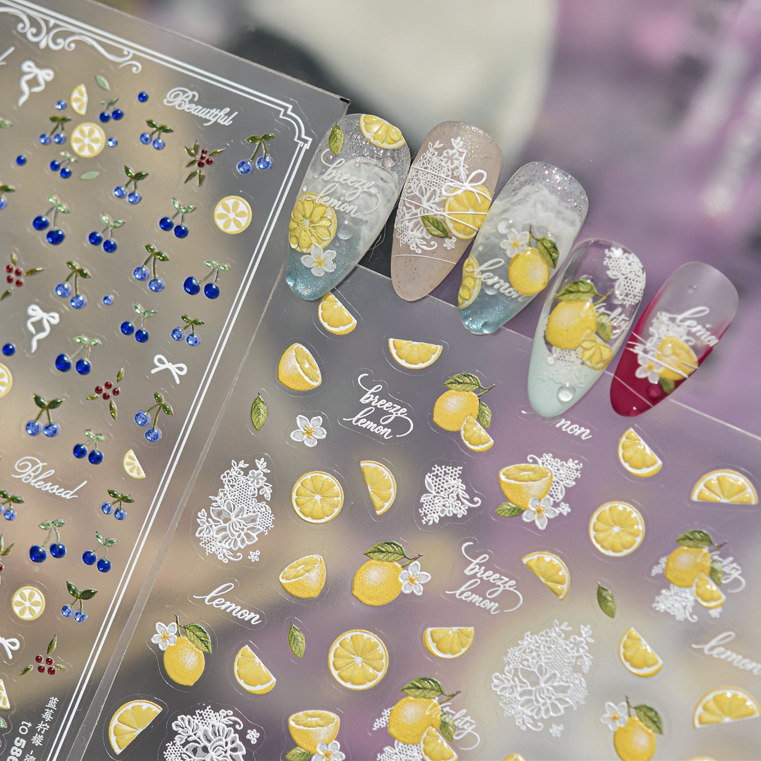 5D Lemon & Blue Cherry Nail Stickers | Summer Fruit Decals