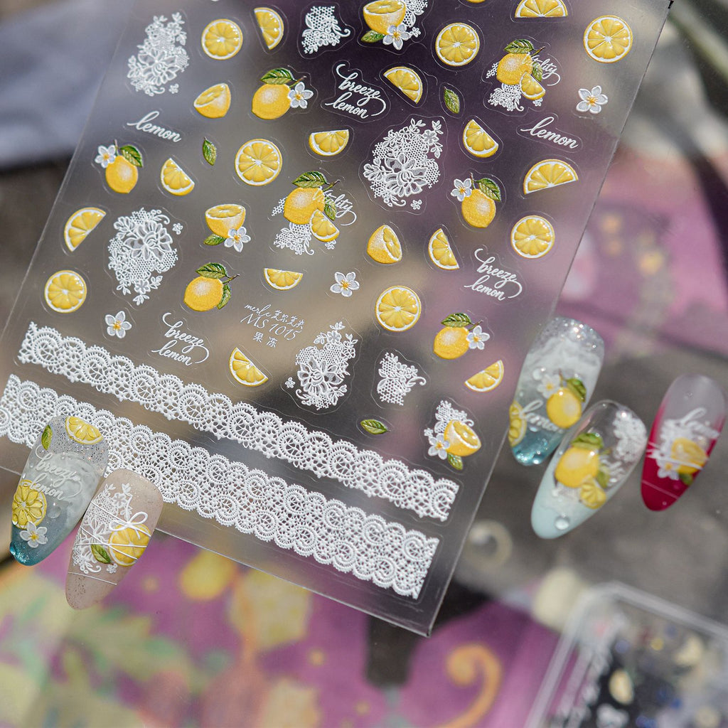 5D Lemon & Blue Cherry Nail Stickers | Summer Fruit Decals