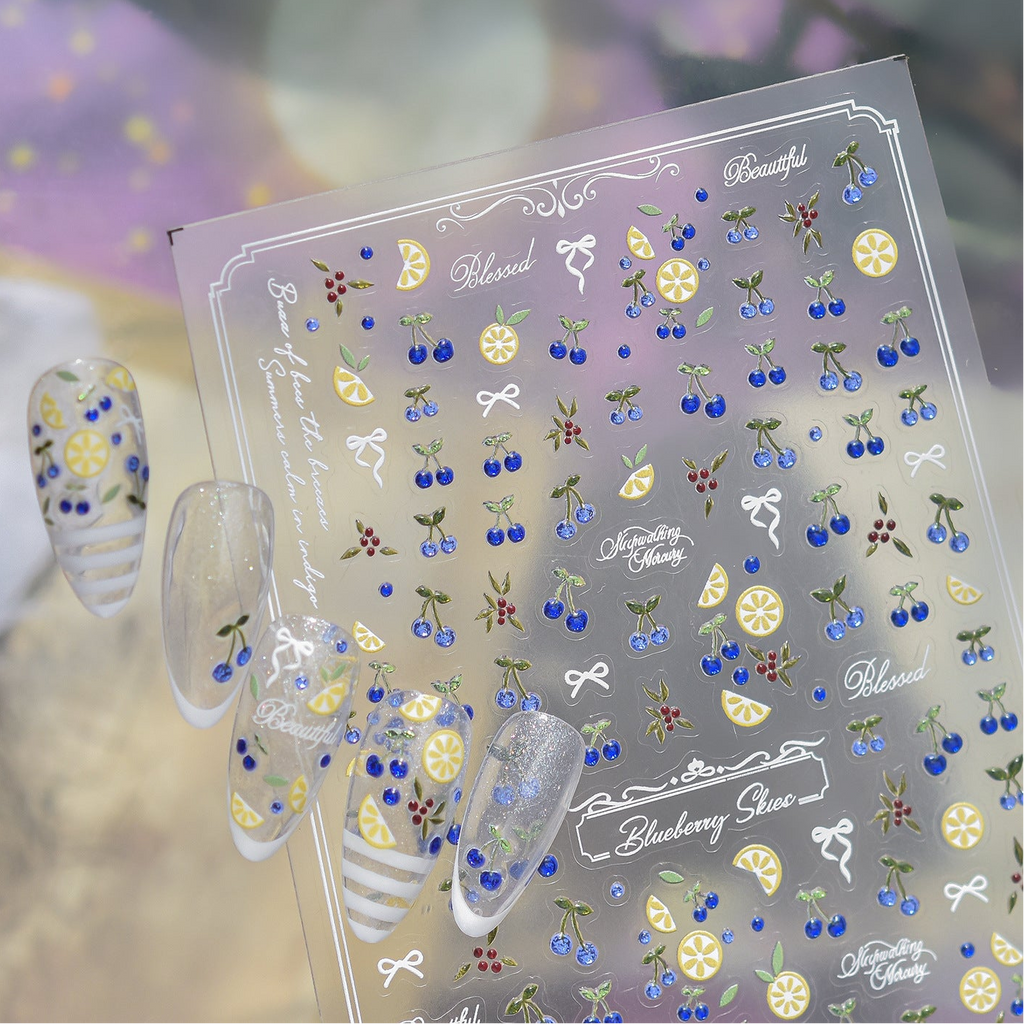 5D Lemon & Blue Cherry Nail Stickers | Summer Fruit Decals