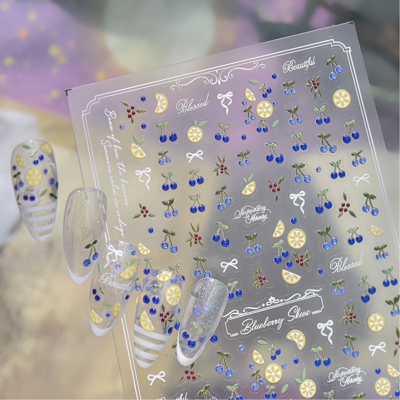 5D Lemon & Blue Cherry Nail Stickers | Summer Fruit Decals