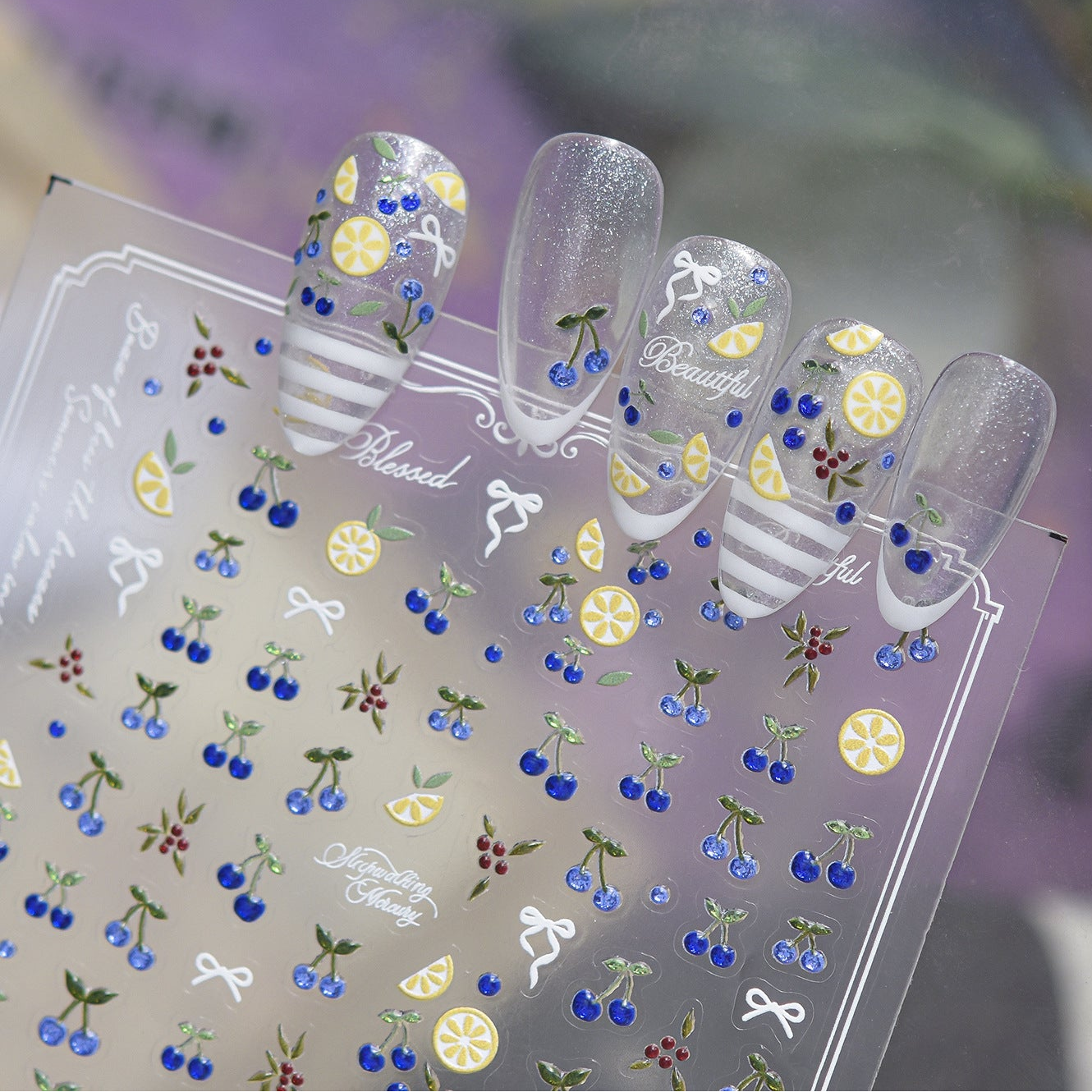 5D Lemon & Blue Cherry Nail Stickers | Summer Fruit Decals