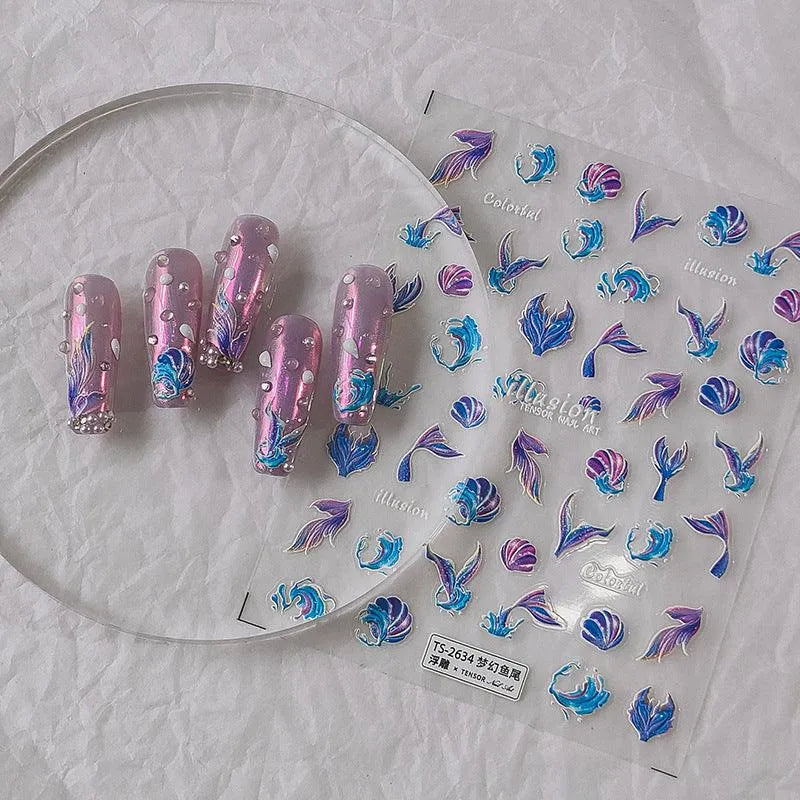 5D Mermaid Tail & Seashell Nail Stickers Iridescent Fishtail Ocean Nail Art Sticker Decals TS2634