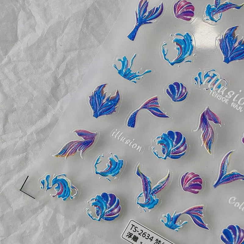5D Mermaid Tail & Seashell Nail Stickers Iridescent Fishtail Ocean Nail Art Sticker Decals TS2634