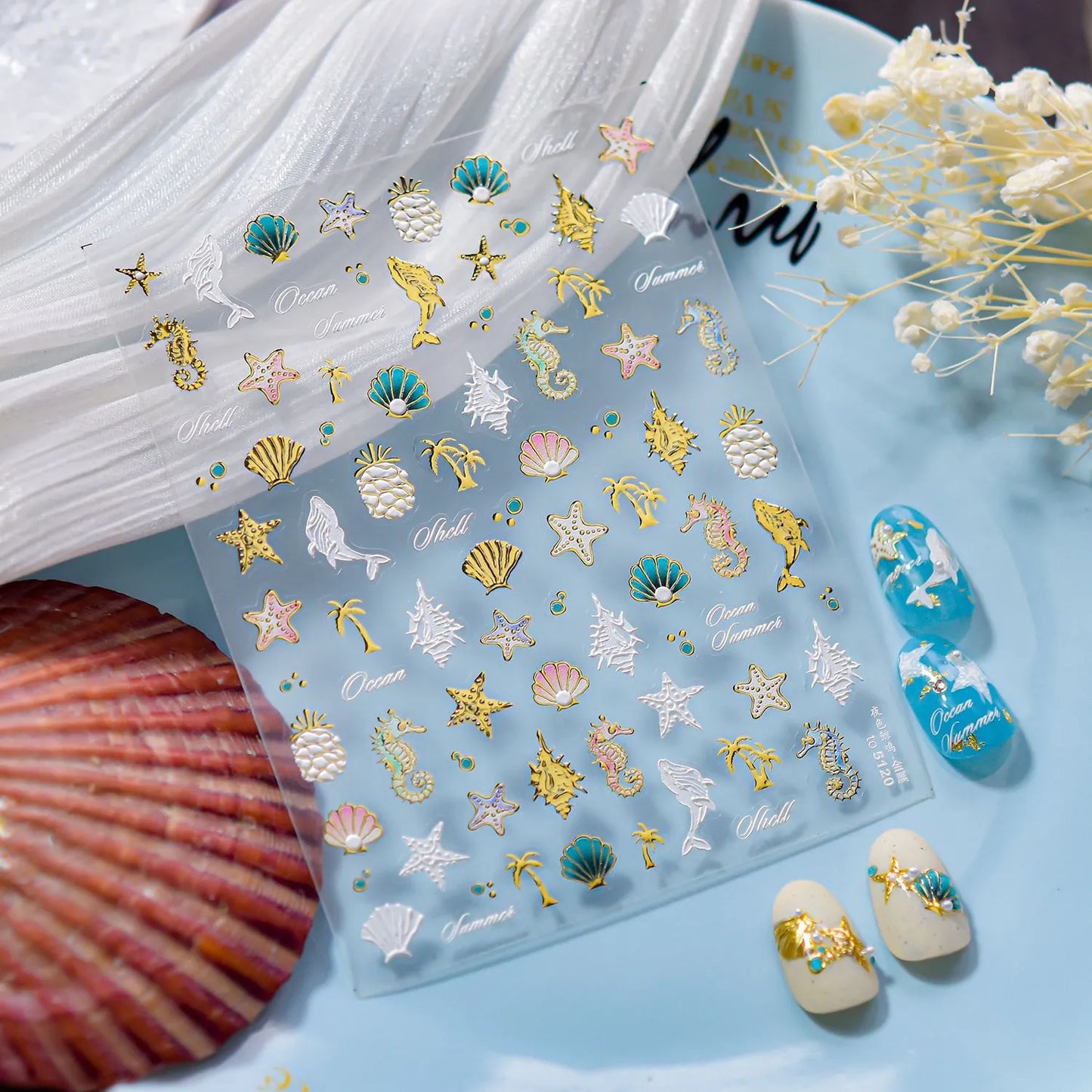 5D Ocean Nail Stickers – Embossed Gold & White Starfish Nail Art Decals