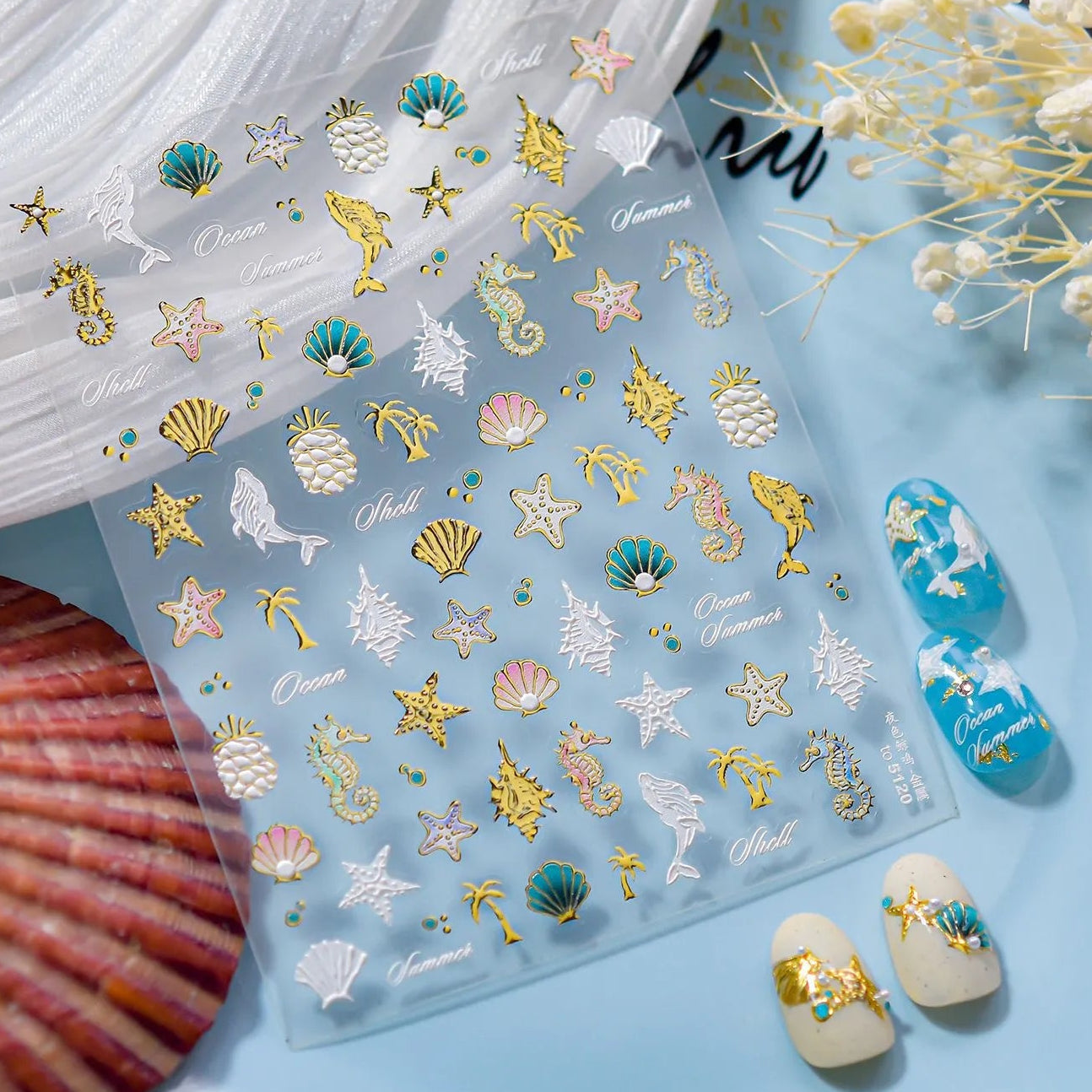 5D Ocean Nail Stickers – Embossed Gold & White Starfish Nail Art Decals