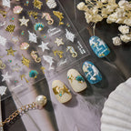 5D Ocean Nail Stickers – Embossed Gold & White Starfish Nail Art Decals
