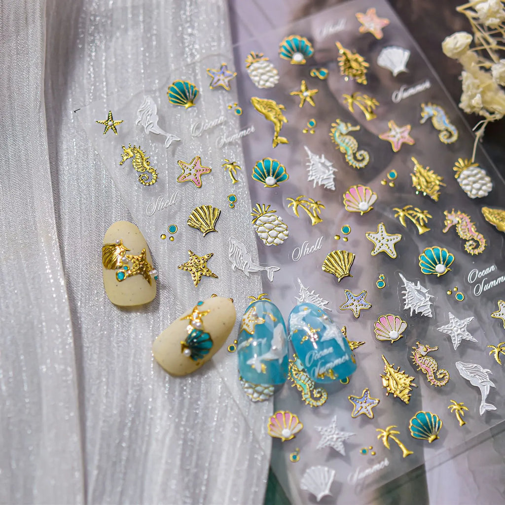 5D Ocean Nail Stickers – Embossed Gold & White Starfish Nail Art Decals