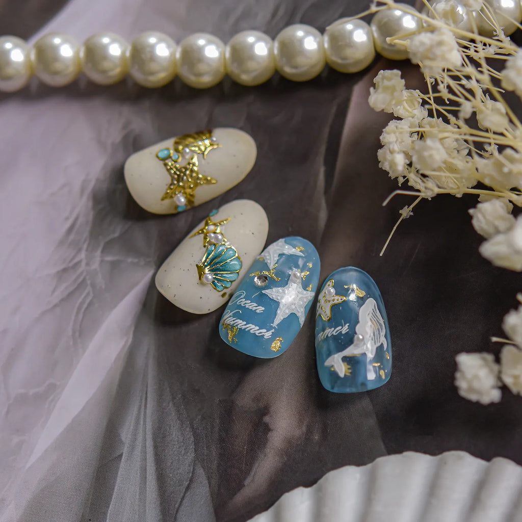 5D Ocean Nail Stickers – Embossed Gold & White Starfish Nail Art Decals