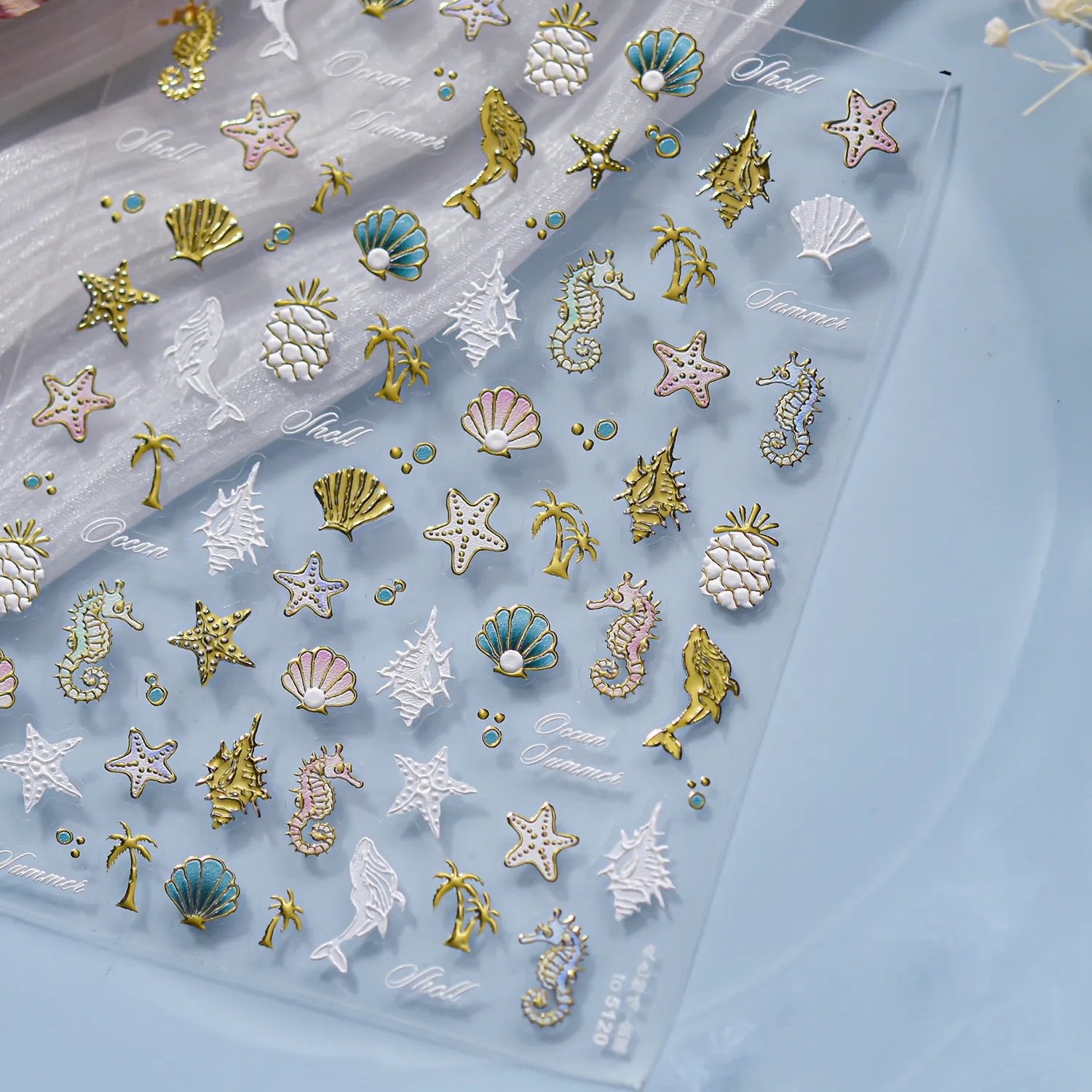 5D Ocean Nail Stickers – Embossed Gold & White Starfish Nail Art Decals