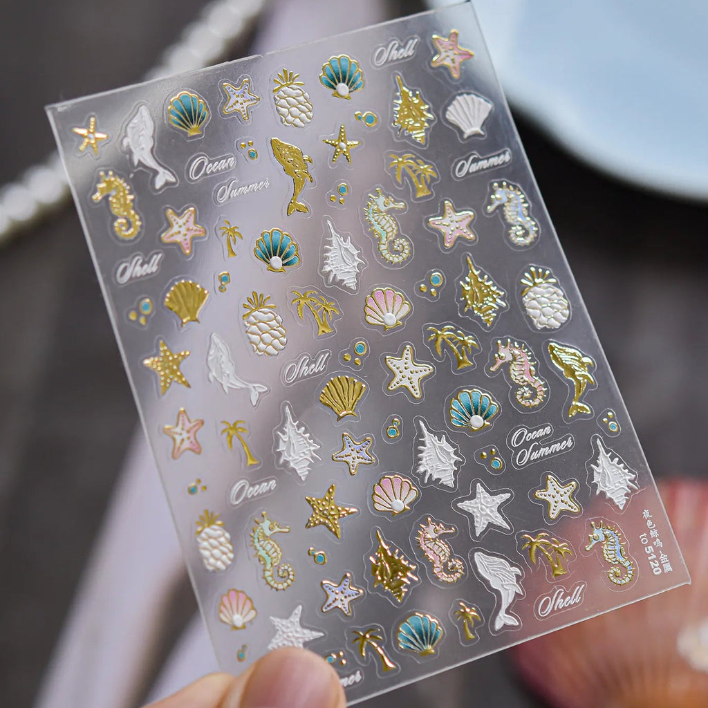 5D Ocean Nail Stickers – Embossed Gold & White Starfish Nail Art Decals
