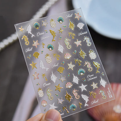5D Ocean Nail Stickers – Embossed Gold & White Starfish Nail Art Decals