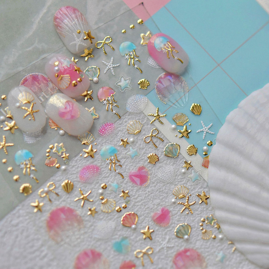 5D Ocean Nail Stickers – Gold & Silver Seashell, Starfish & Jellyfish Nail Art Decals