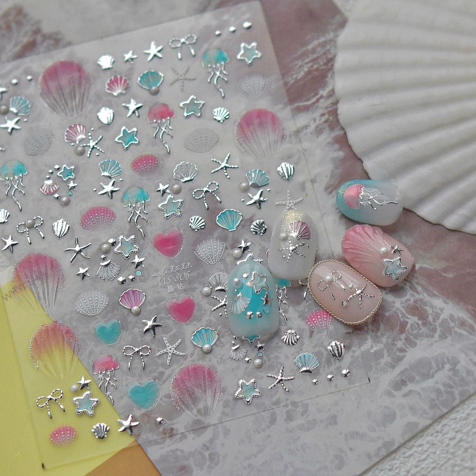 5D Ocean Nail Stickers – Gold & Silver Seashell, Starfish & Jellyfish Nail Art Decals