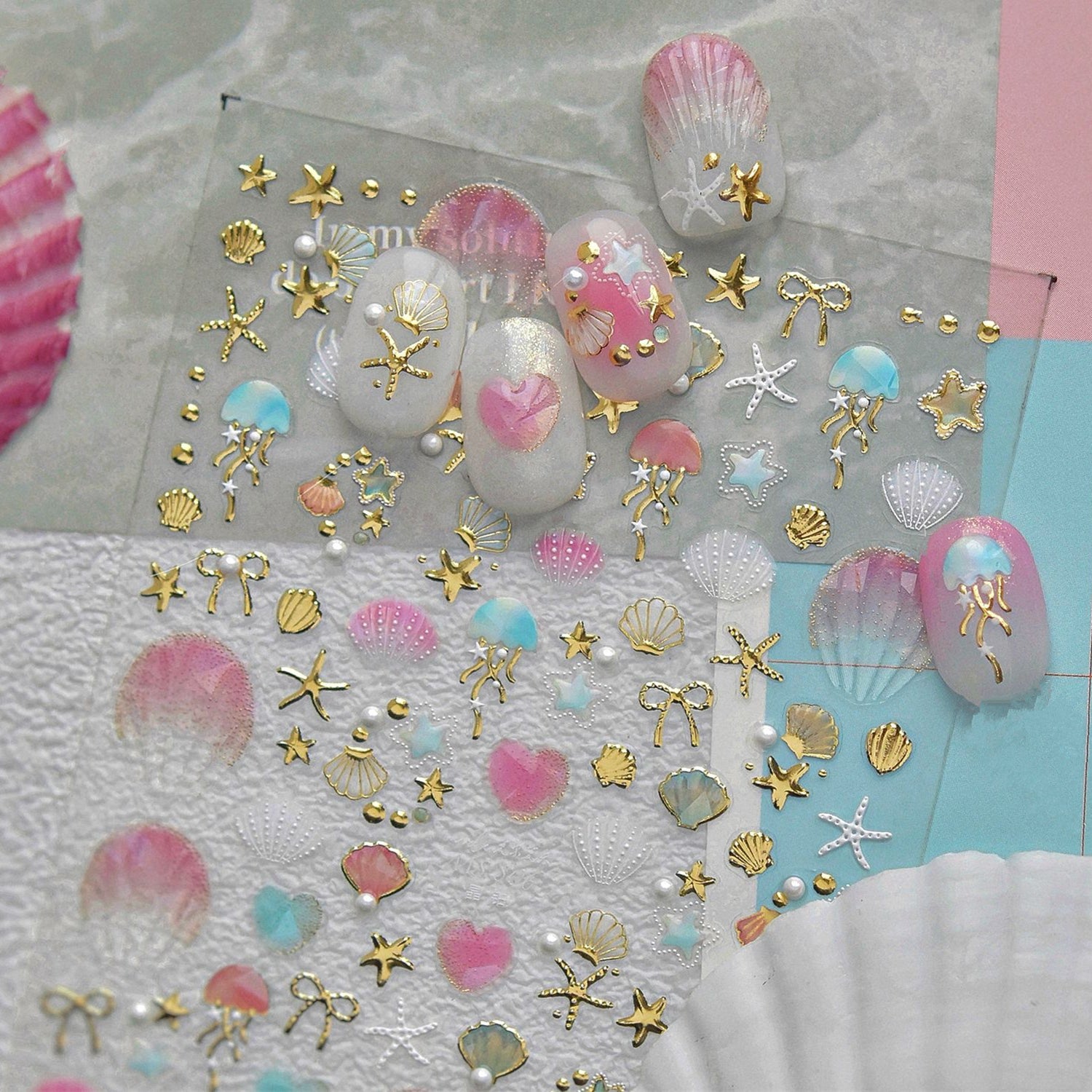 5D Ocean Nail Stickers – Gold & Silver Seashell, Starfish & Jellyfish Nail Art Decals