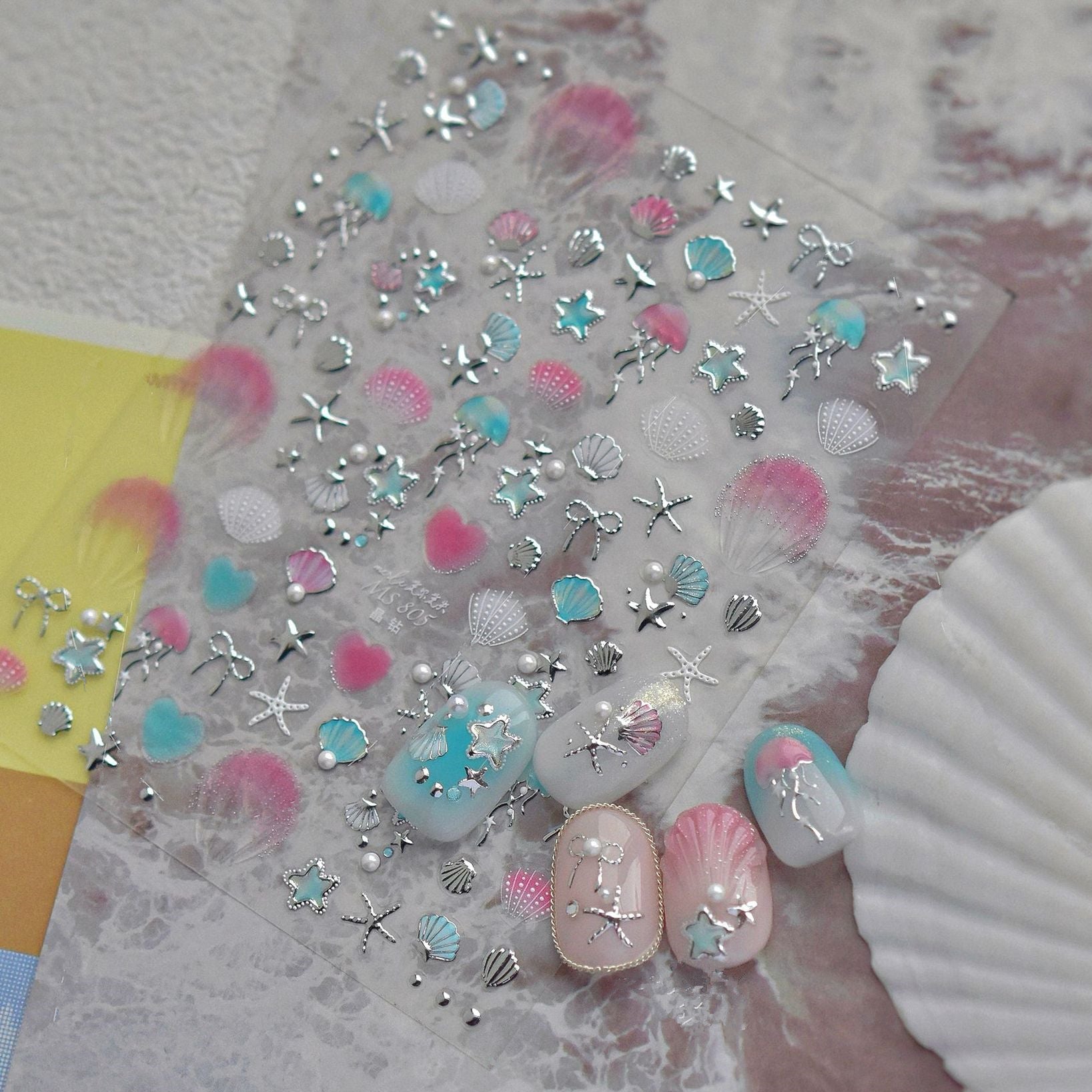 5D Ocean Nail Stickers – Gold & Silver Seashell, Starfish & Jellyfish Nail Art Decals