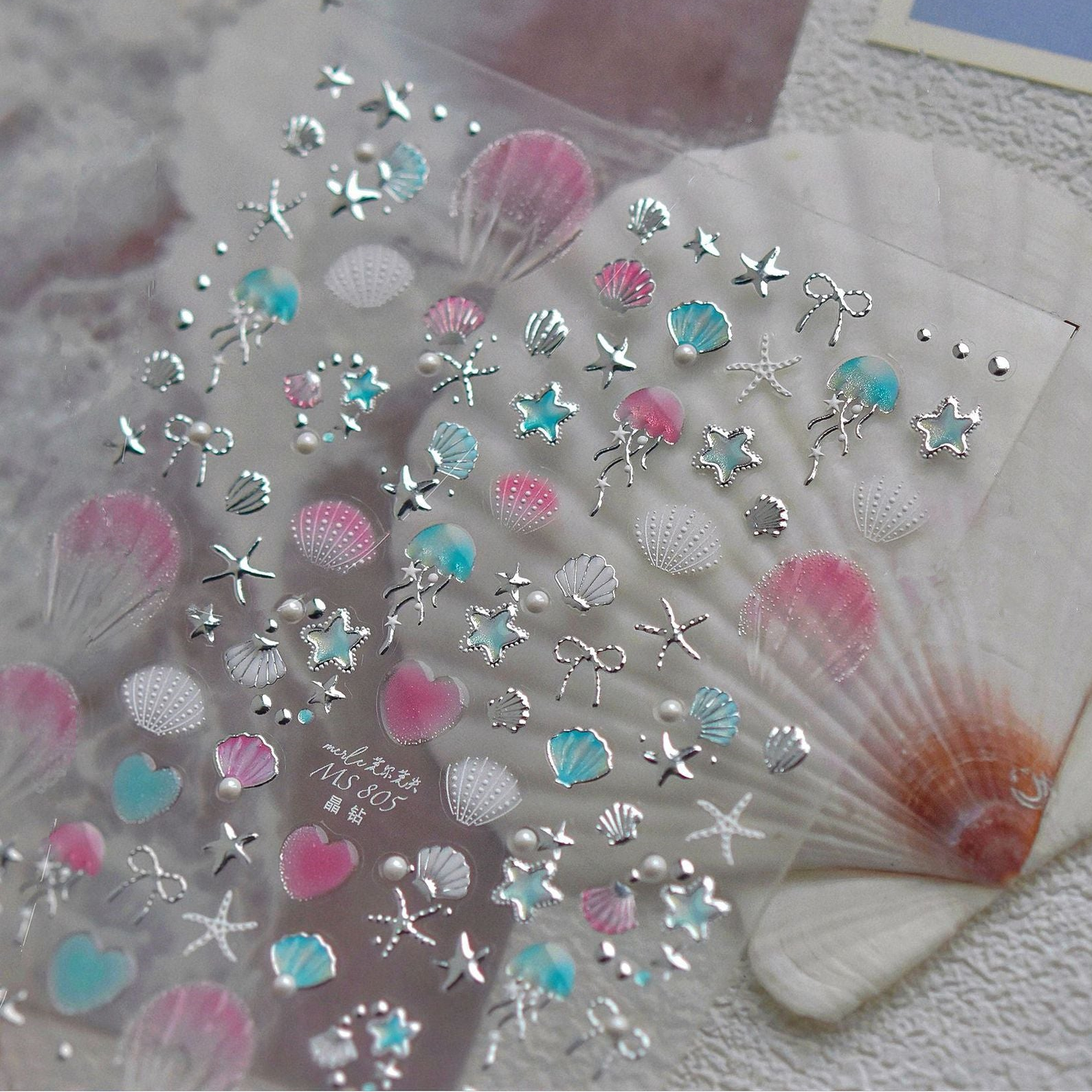 5D Ocean Nail Stickers – Gold & Silver Seashell, Starfish & Jellyfish Nail Art Decals