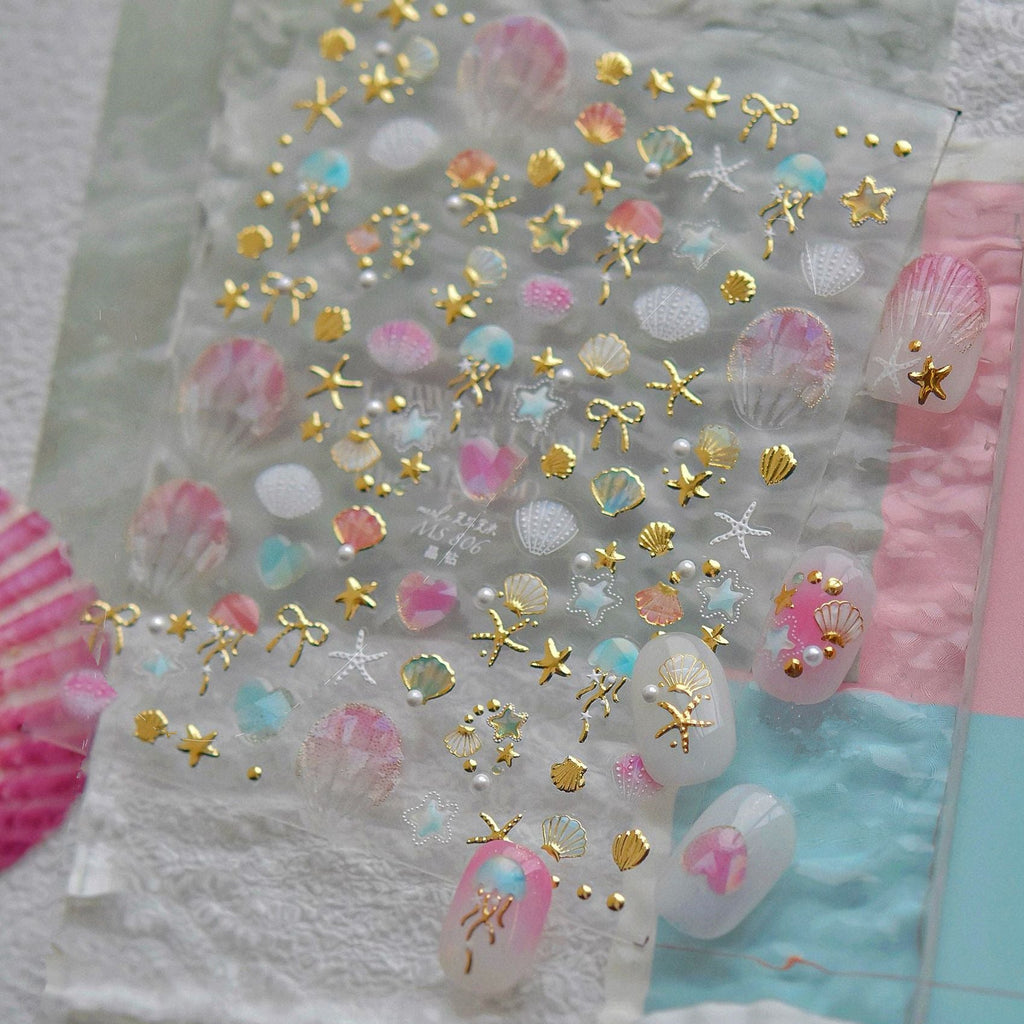 5D Ocean Nail Stickers – Gold & Silver Seashell, Starfish & Jellyfish Nail Art Decals