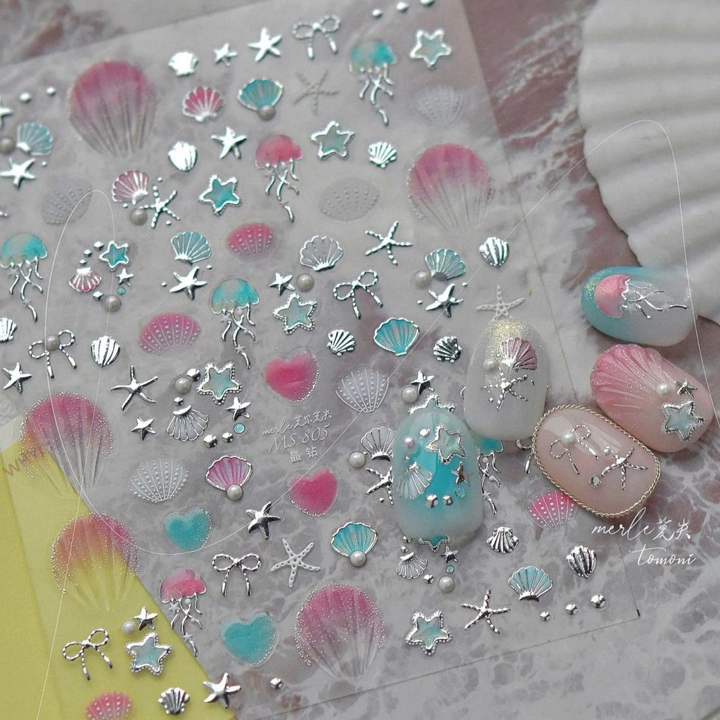 5D Ocean Nail Stickers – Gold & Silver Seashell, Starfish & Jellyfish Nail Art Decals