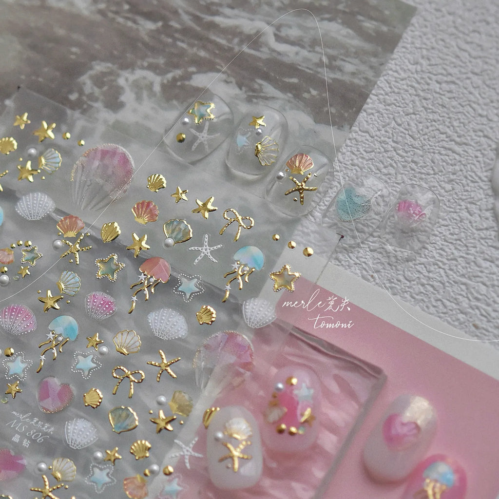 5D Ocean Nail Stickers – Gold & Silver Seashell, Starfish & Jellyfish Nail Art Decals