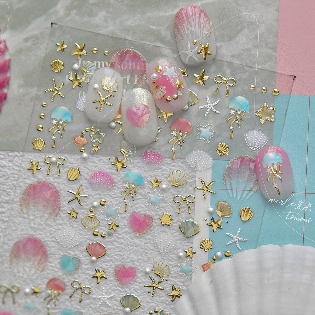 5D Ocean Nail Stickers – Gold & Silver Seashell, Starfish & Jellyfish Nail Art Decals